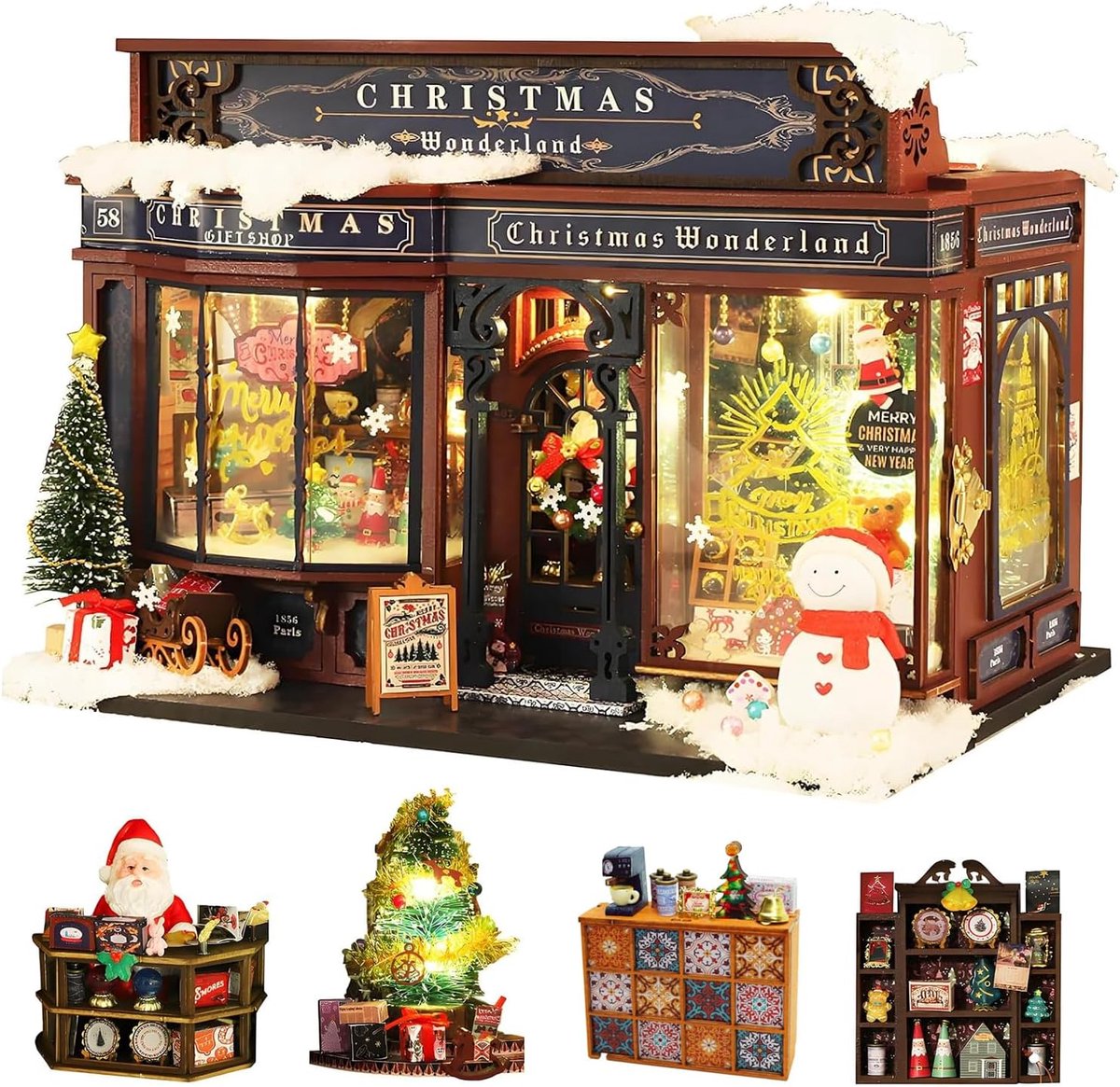 Houten poppenhuis - Miniatuur huisje - Kerst knutselen - Met muziekwerk - 22.5 cm - Wit en bruin