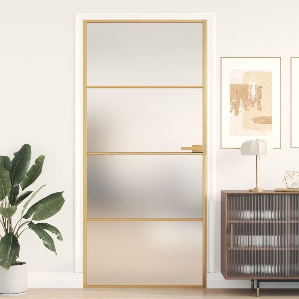 Binnendeur Glas Aluminium - Moderne Kamerdeur - Ruimtes Scheiden - Mat Glas Privacy - 93x201.5 cm - Goud Mat