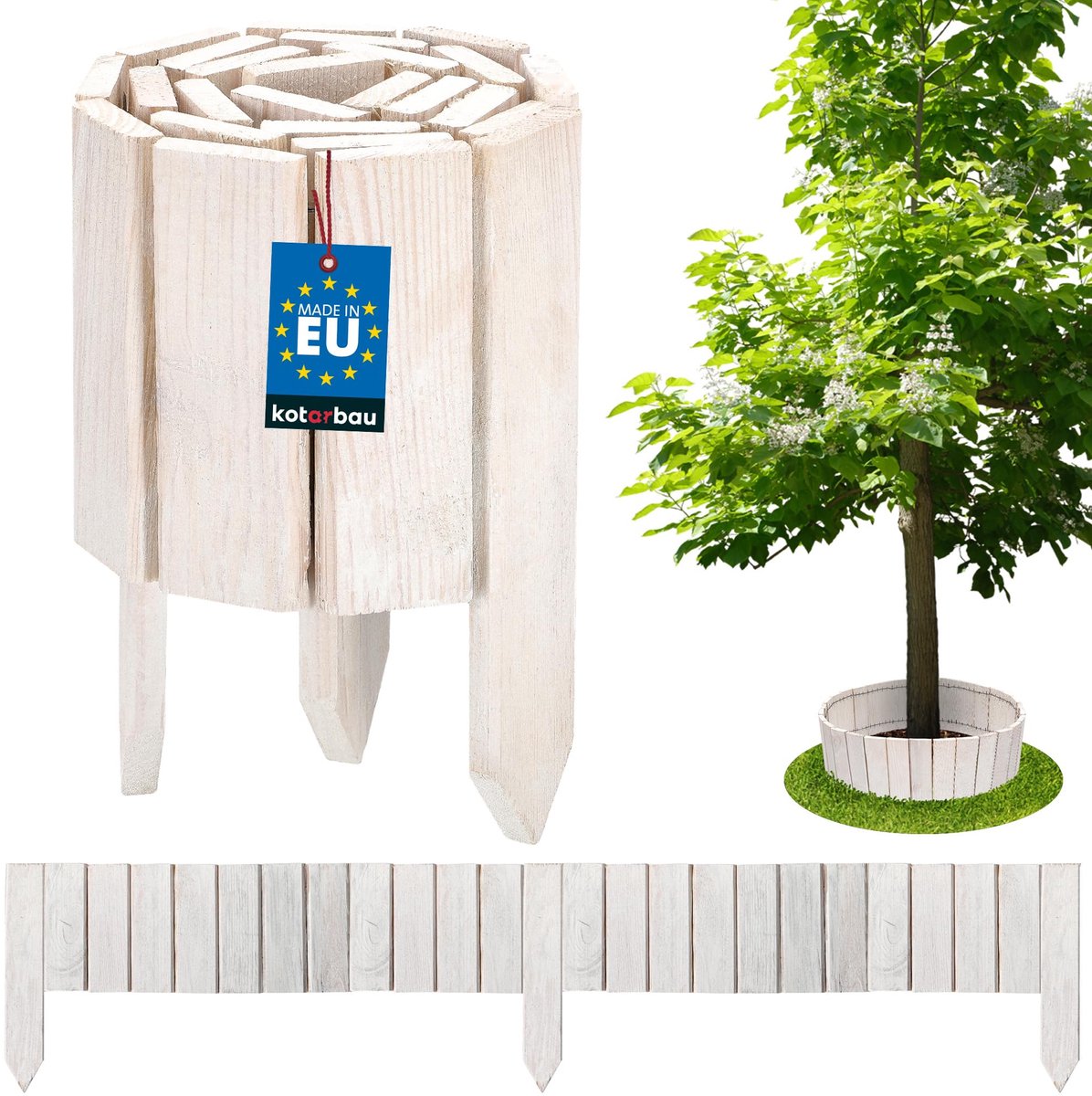 KOTARBAU® Bloembedrand, Rolborder, 110 x 15 cm, Wit, Tuinafscheiding, Houten Tuinhek, Borderrand, Palissade, Schapenhek, Tuindecoratie