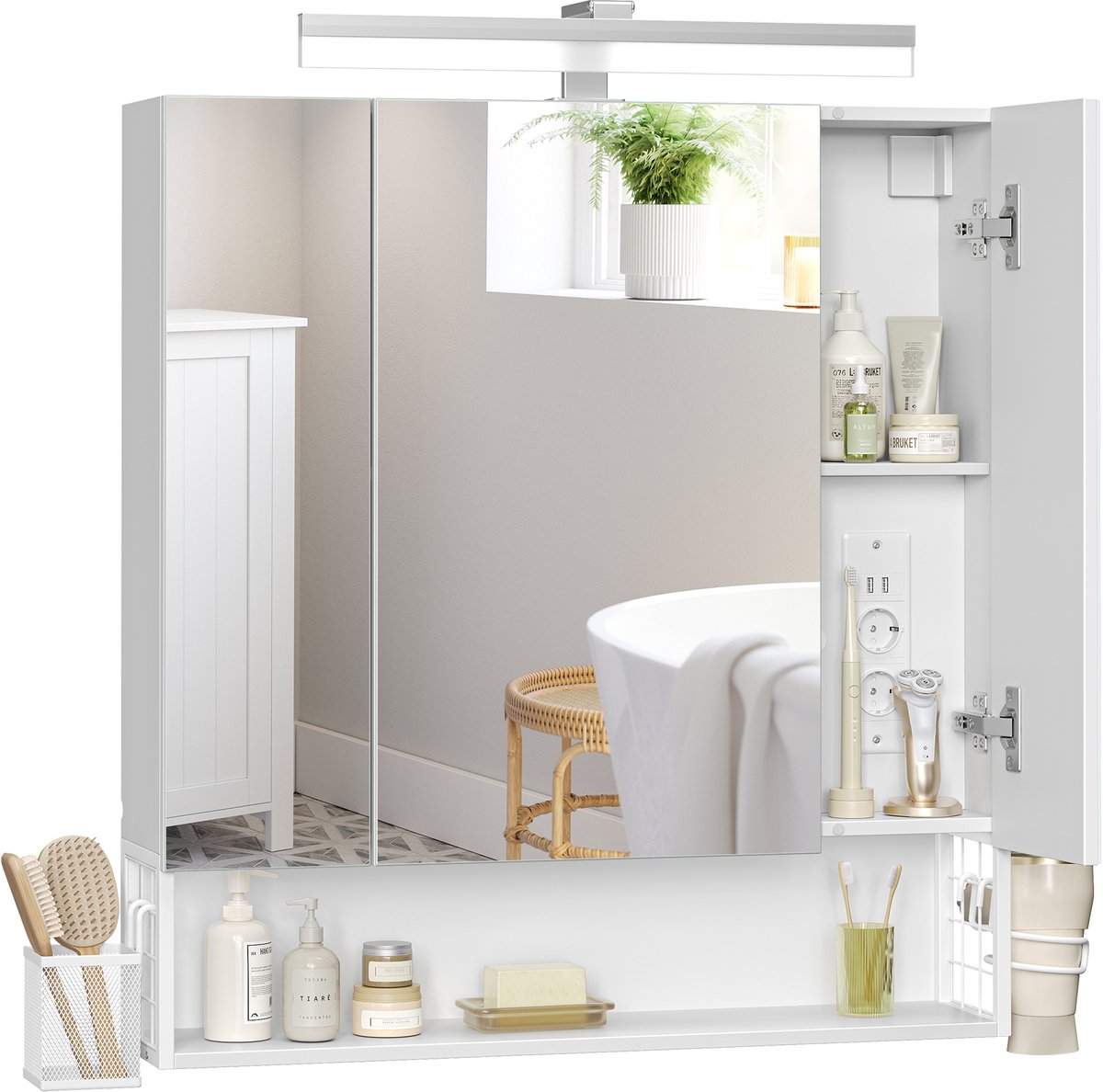 VASAGLE - Badkamer Kastje - Badkamerspiegelkast met LED-Verlichting - Stopcontacten - Föhnhouder - Hangmand