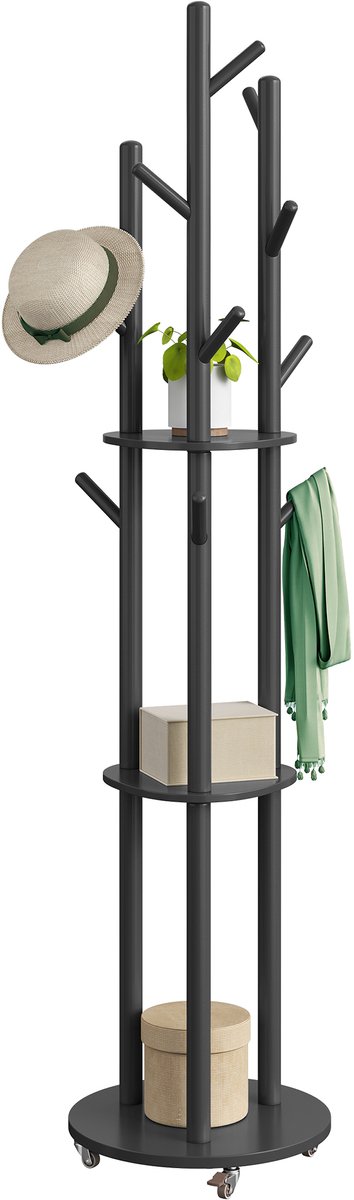 VASAGLE - Kapstok - Kapstok Hout - Kapstok met 11 Haken - 3 Legplanken - 4 Draaibare en Afneembare Wielen