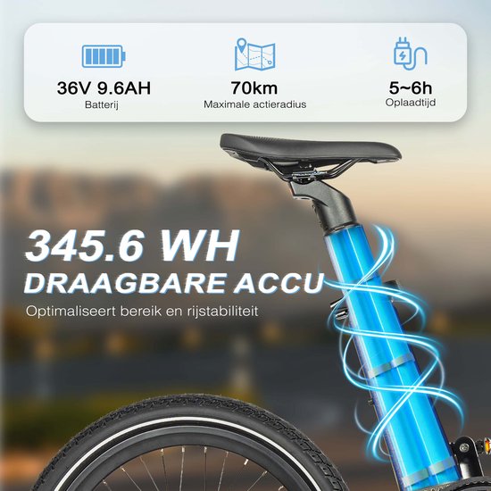 vankel Smart30 Elektrische Vouwfiets - E-bike - 346Wh Accu - Actieradius tot 70 km - 20×2.125 Inch Banden - Riemaandrijving - Aluminium Frame - Mechanische Schijfremmen - Stadsfiets - Max. Belastbaar 120 kg– Blauw van VANKEL — afbeelding 4