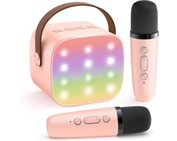 Mini Karaoke Machine voor Kinderen & Volwassenen - Draagbare Bluetooth Speaker met 2 Draadloze Microfoons - Cadeau voor Meisjes 3-10+ Jaar - Roze - 1 Set