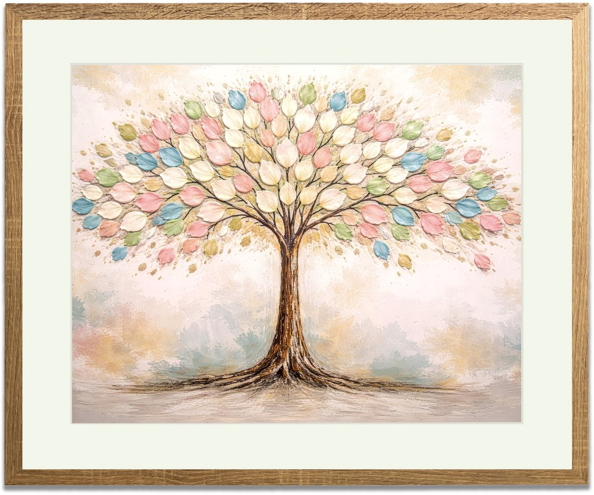 Kleurenboom - Ingelijste Muurkunst - 63x53cm lichtbruin frame - Glasplaat en Passe-partout - Museum kwaliteit print