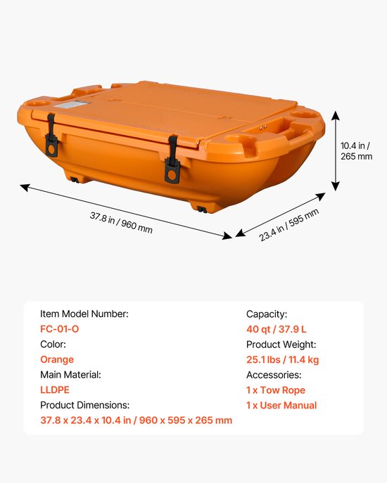 VEVOR Amfibische Drijvende Koelbox, 37,9 Liter Drijvende Drankkoeler Met Droog Compartiment en Trekkoord voor Water en Land, Kantelbare Koelcontainer Gemaakt Van Lldpe voor Zwembad, Rivier, Meer, Strand, Zee, Feestjes, Oranje van Vevor — afbeelding 3
