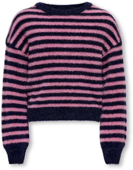 Roze en marineblauwe gestreepte gebreide trui.