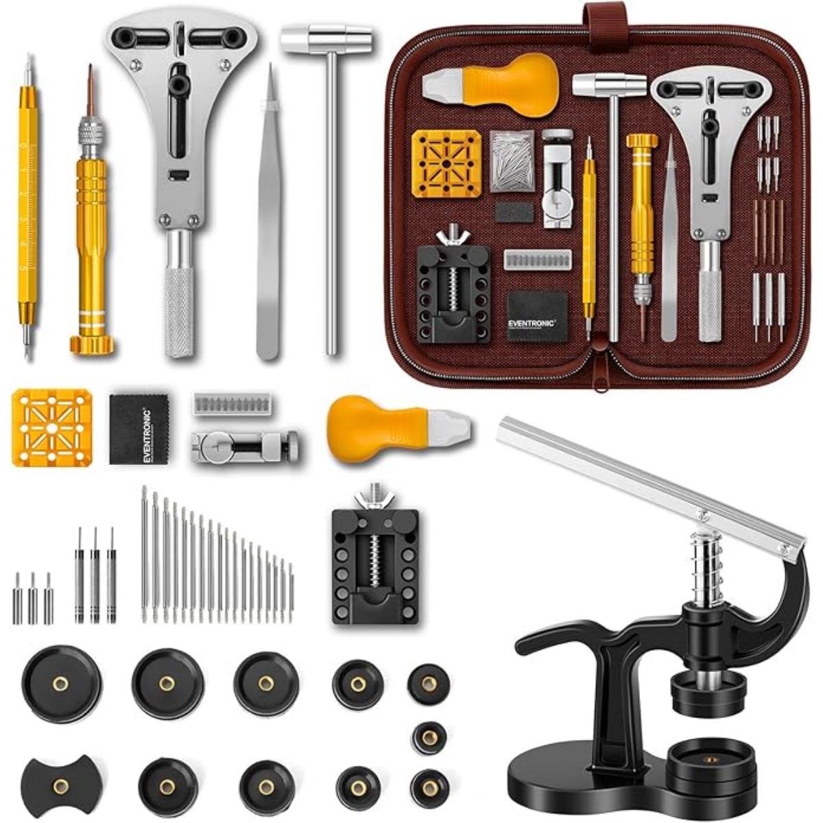 YOZHIQU 20,5x10,5x4,5cm Horlogewerktuigen Set - Uhrmacherwerkzeug - Reparatieset - Geschikt voor Horloge Reparatie en Aanpassing - Duurzaam RVS Materiaal - Incl. Gehäuse Opener, Band Verwijderaar en Federstegtool