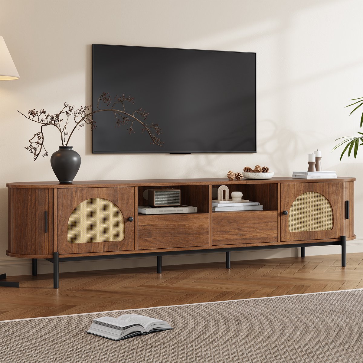 STILVORA Tv-meubel - Ovaal Met Rotan, Schuifdeuren En Lades - Voor Woonkamer - MDF - 200x40x49,5 Cm - Notenbruin Notenhout
