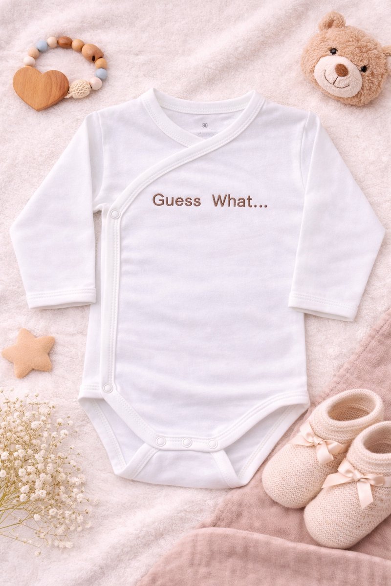 Omslag Romper Baby – Guess what – Geborduurd – Newborn Cadeau – Unisex / Romper zwangerschapsaankondiging – Unisex babykleding - omslagromper - 100% katoen - baby aankondiging - originele zwangerschaps reveal