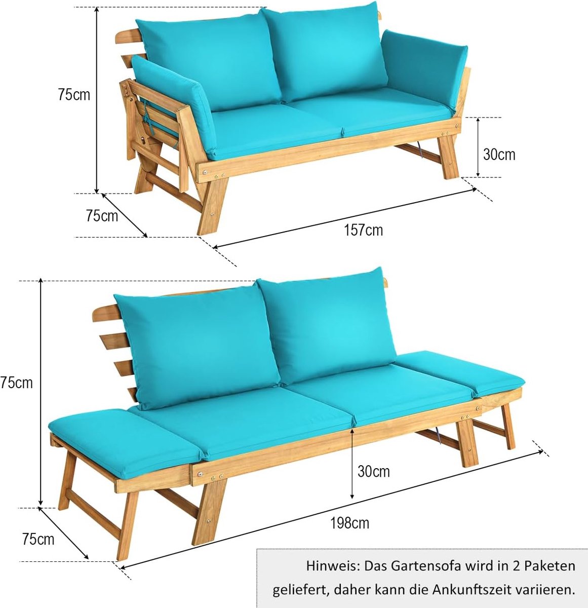 Tuinbank met ligfunctie 198x75x75 cm, inklapbare armleuningen, comfortabele zithoogte en rugkussens, massief acaciahout, buitenbank voor tuin, balkon en terras – Turquoise – Laura