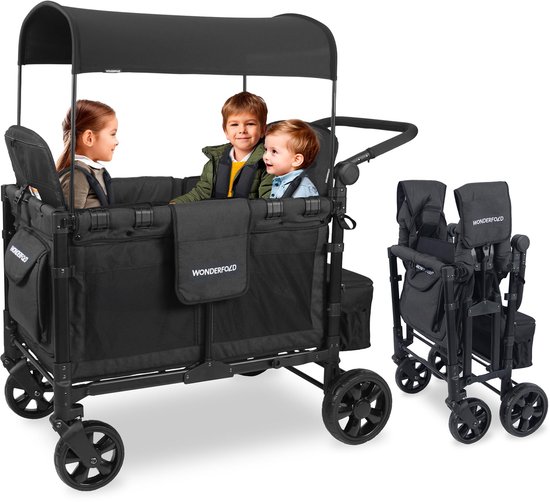 WonderFold W4 Elite - Bolderkar - Kinderwagen voor 4 kinderen – Opvouwbare Bolderkar - Volcanic Black (136kg Draagvermogen)