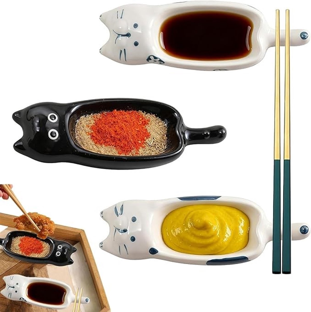 Set van 3 keramische dipschaaltjes met katvorm design, stapelbaar voor sauzen en snacks