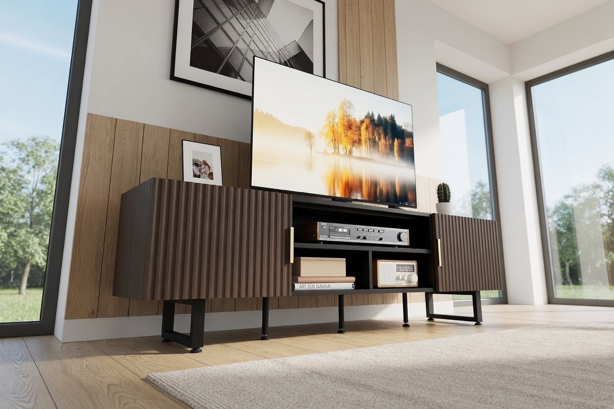 TV Meubel 180 cm Zwart – Modern Lowboard voor 65-80 Inch TV met 2 Deuren & 3 Open Vakken, Groot TV Dressoir met Kabelmanagement en Metalen Poten – Mobili Bella