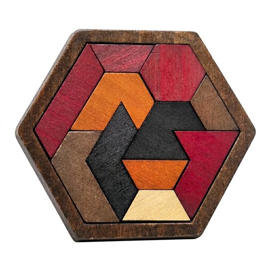 Houten zeshoekpuzzel met veelkleurige geometrische stukken in een houten frame.