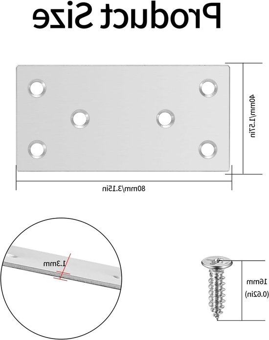 Set van 10 platte rechte reparatieplaten van roestvrij staal voor meubelondersteuning en verbindingselementen - 80 x 40 mm — afbeelding 5