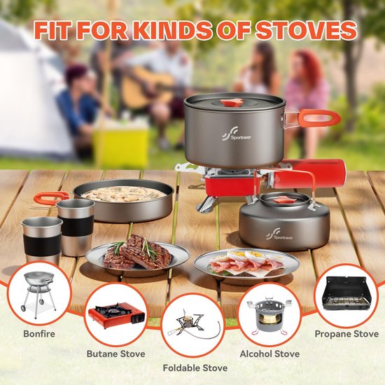 Camping kookset 2 personen lichtgewicht pannenset met waterkoker en servies compact 18 delig — afbeelding 3