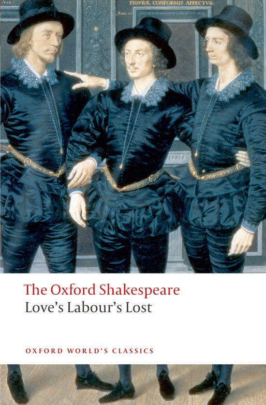 Drie mannen in zwarte outfits met hoeden, Oxford Shakespeare Love's Labour's Lost.