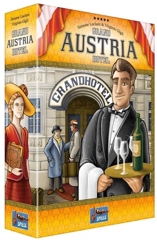 Spel "Grand Austria Hotel" met illustratie van een ober met dienblad, gasten en een gebouw.