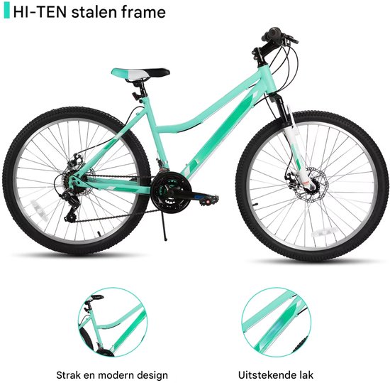 Dames mountainbike - Voor recreatief gebruik / MTB-liefhebbers - 18 versnellingen, voorvorkvering, dubbele mechanische schijfremmen - Aluminium, groen, 66 cm van Merkloos — afbeelding 5