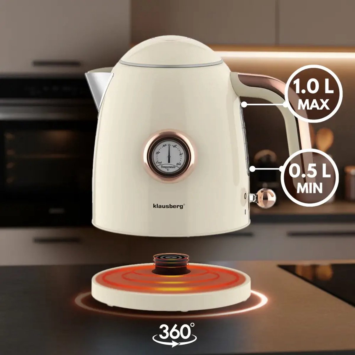 Klausberg - Waterkoker - Retro Waterkoker - Kleine Elektrische Waterkoker - Thee Waterkoker met Thermometer - Compacte Waterkoker Design - Keukenapparaat - 1L - 1200W - RVS - Crème — afbeelding 3