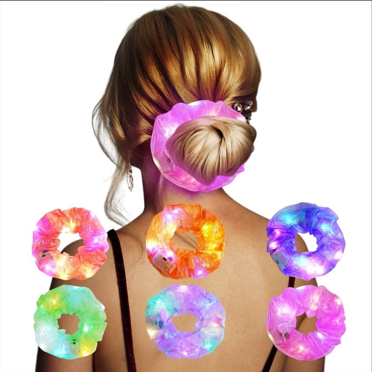 Set van 6 Kleurige Elastische Chiffon Haarbanden met LED Verlichting voor Feestjes, Sport en Verjaardagen