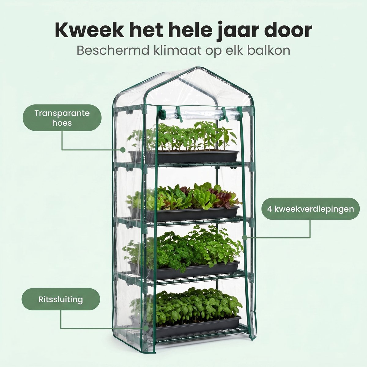Cheqo® Broeikas - Kweekkas - Mini Kweekkas voor Balkon en Tuin - Tuinkas - Foliekas - Plantenkas - Miniserre - Serre - Tomatenkas - Moestuin - Kweekhuis - 4 Verdiepingen - Groente Kweken - Weerbestendig - Compacte Kas voor Terras en Balkon – foto 2