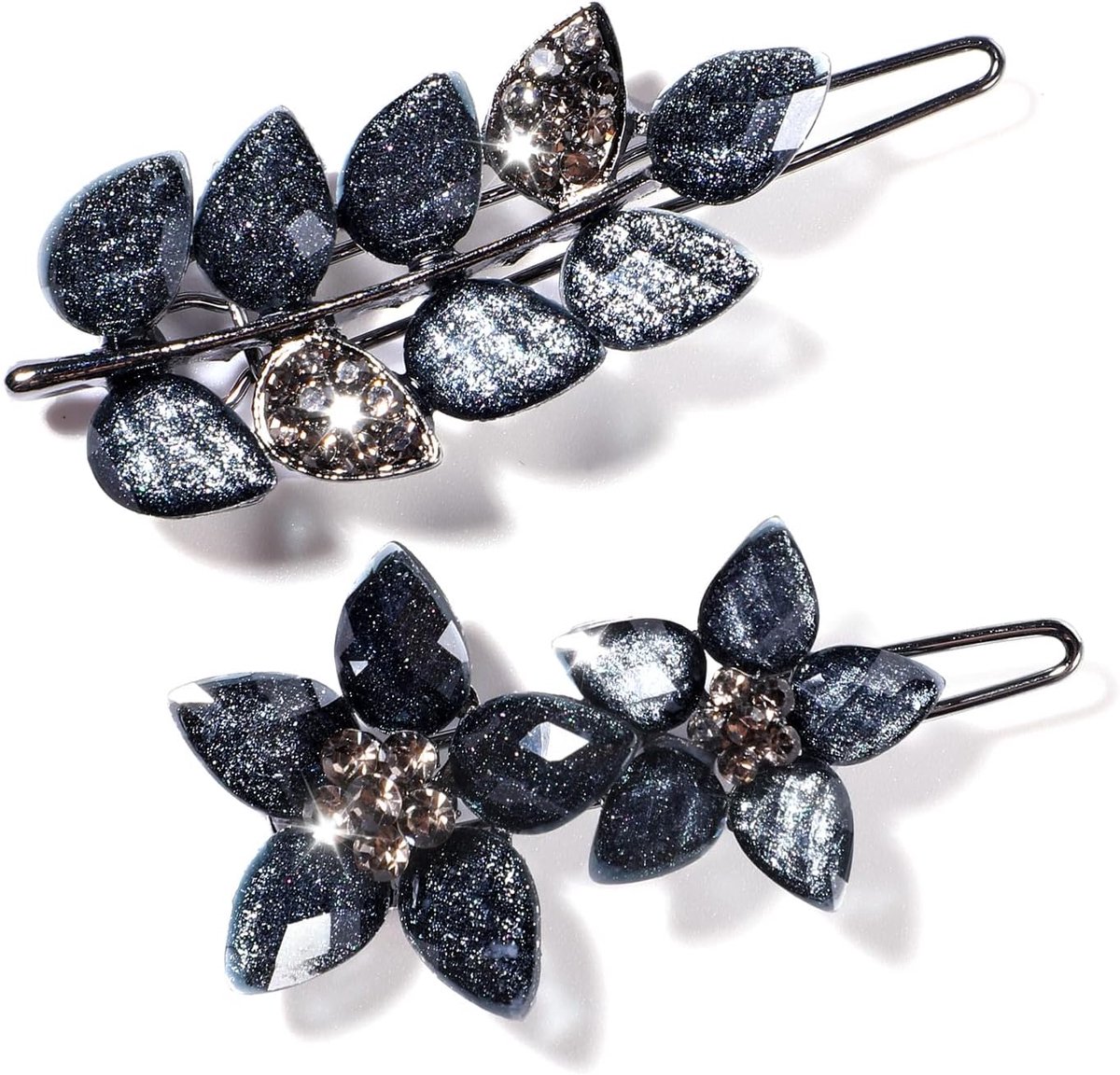 Vintage strass haarclips inktblauw sprankelend kristal bruids haaraccessoires bling dubbele bloem blad metalen kleine haarspeldjes voor vrouwen meisjes bruiloft verloving prom - Set van 2