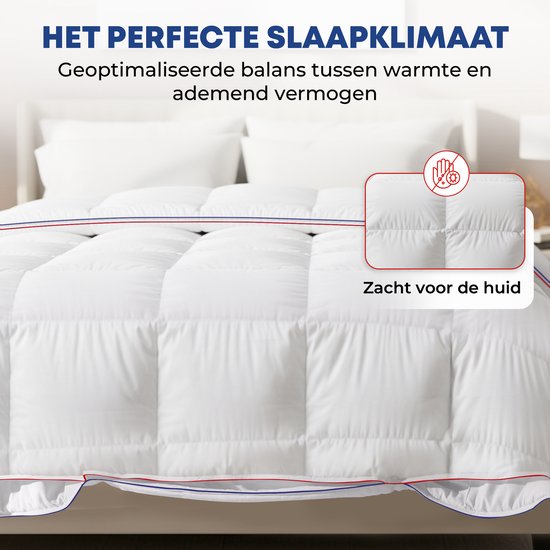 Detail van een wit, gewatteerd dekbed met rode en blauwe bies en een close-up van de zachte stof.