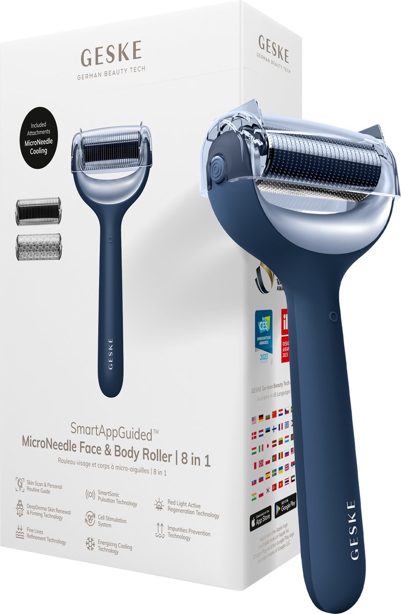 GESKE | SmartAppGuided™ MicroNeedle Face & Body Roller | 8 in 1 | Elektrische dermaroller | Microneedling | Microneedling-apparaat | Naaldrol | Naaldroller | Schoonheidsroller voor gezicht en lichaam