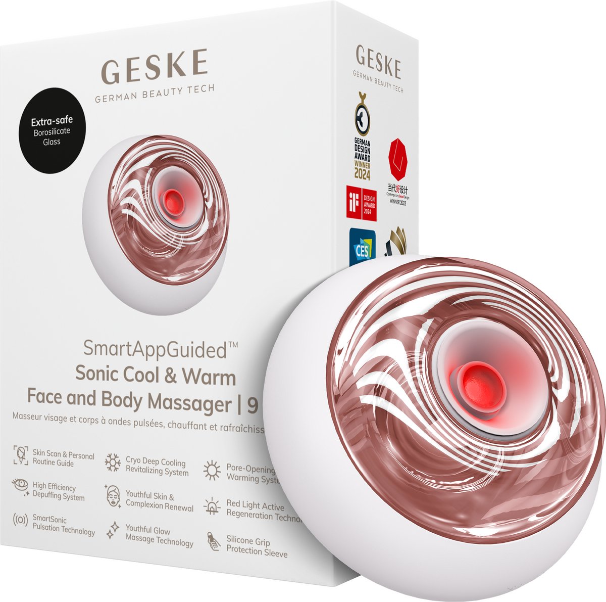GESKE SmartAppGuided™ Sonic Cool & Warm Face & Body Massager | 9 in 1 | Massageapparaat | Gezicht & Lichaam | Batterijloos koelen en warmen | Verstevigt en ontspant | Met SmartSonic-pulsatie