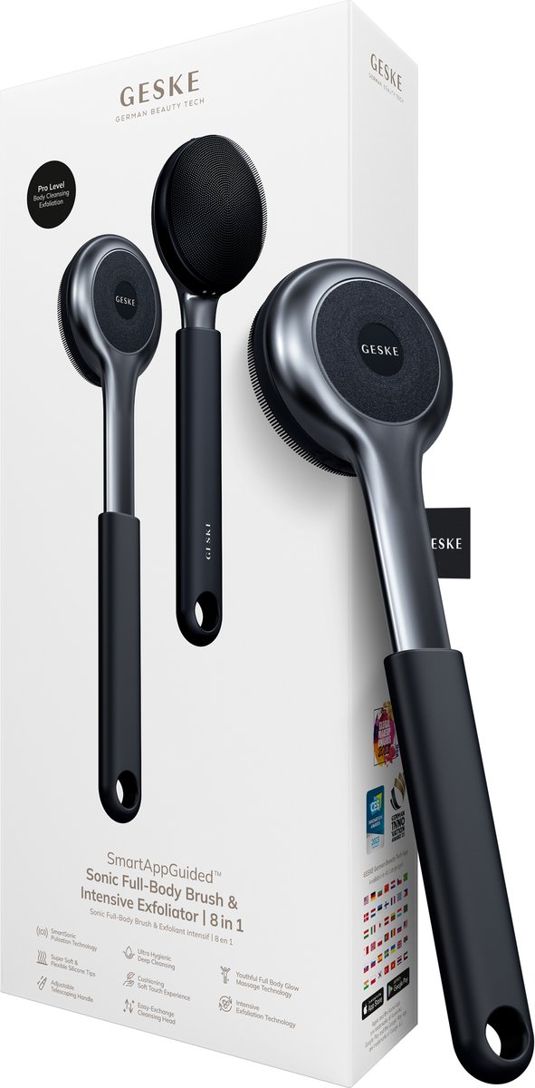 GESKE Sonic Full-Body Brush & Intensive Exfoliator | 8 in 1 | Reinigingsborstel | Met SmartSonic-pulsaties | Diepe reiniging, peeling, massage | Uitschuifbare handgreep | Ruwe huidverwijderaar