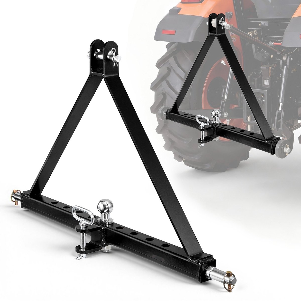 Driepuntsophanging voor tractor/trekker - Snelkoppeling met kogelkopadapter - Categorie 2 (Cat. 2) 3-punts - Adapter voor trekhaak/dissel - Universeel compatibel - Zwart