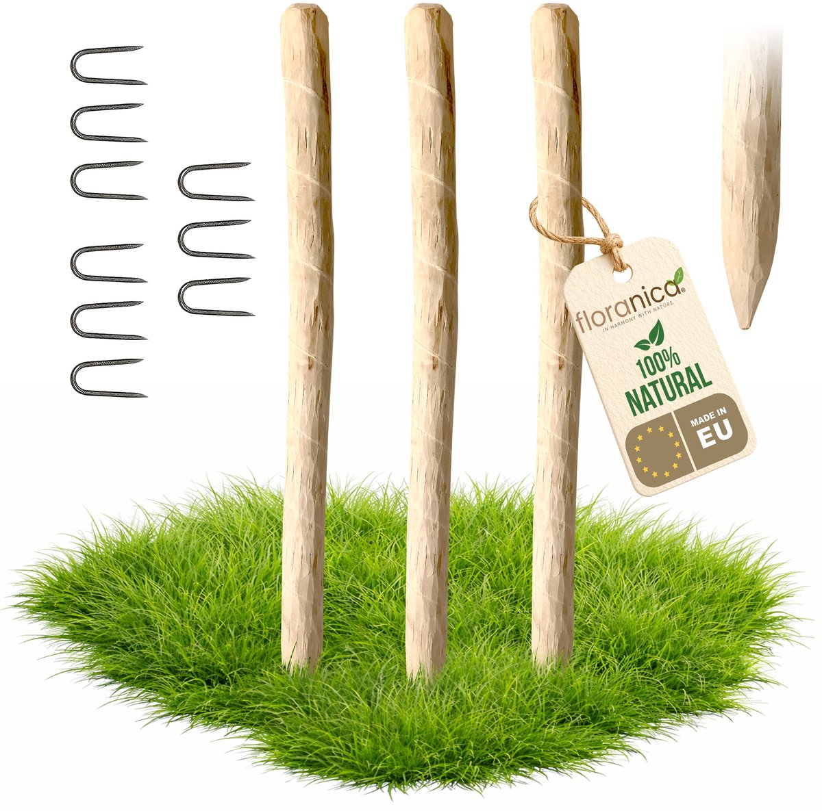 Floranica 3 x hazelnoot houten paal hoogte 90 cm, houten paal voor prieelhek, kastanjehek, houten palen, boomsteun, puntige houten paal, boompaal, steunpaal