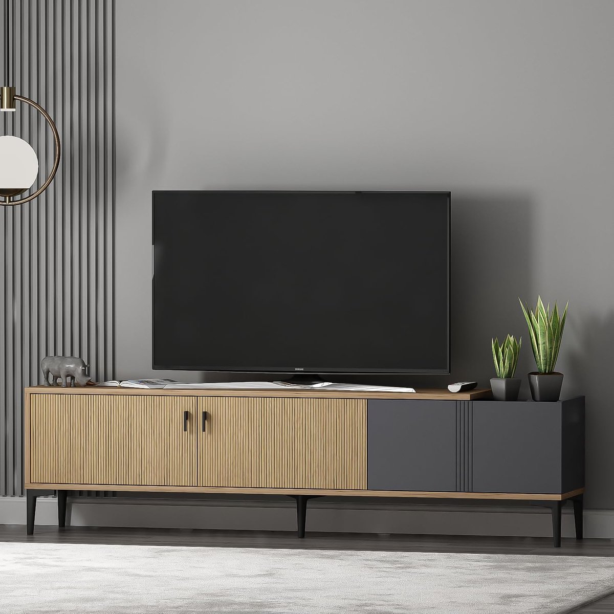 Oslo Nordic TV-Lowboard met 3 Deuren & Extra Opbergruimte – Scandinavisch Design (Licht Eiken/Antraciet, 180cm)