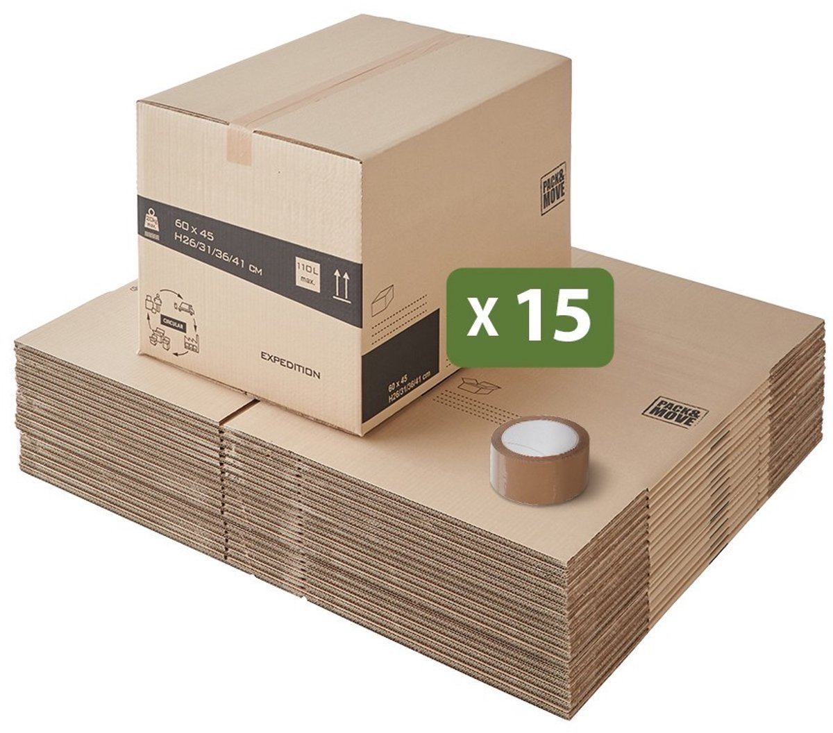 Pack and Move - Set 15 verhuisdozen variabele hoogte : variabel - 60 x 45 x 31-41 cm - Versterkte handgrepen - 1 tape gratis