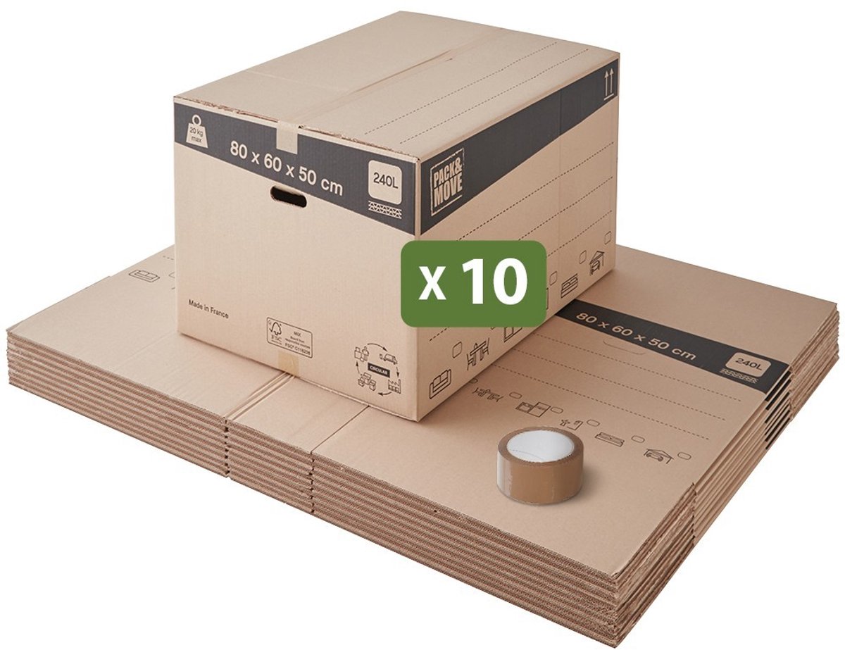 Pack and Move - Set 10 verhuisdozen XXL - 80 x 60 x 50 cm - Versterkte handgrepen - 1 tape gratis