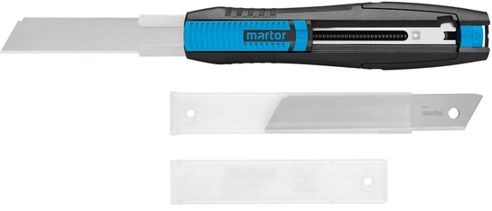 Martor Secunorm 380 veiligheidsmes, zwart met blauwe accenten, met twee reservemesjes.