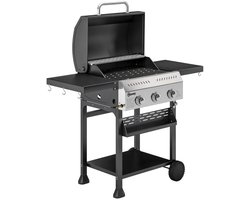 Gasbarbecue - Gasbarbecue en grill - 3 Branders - 9 kW - Grillwagen - Barbecuewagen - met Grillrooster, Wielen, Inklapbaar Bijzettafels, Thermometer, Onderste Plank, 6 Haken en Warmhoudplaten - 123 x 57 x 102 cm - Zwart