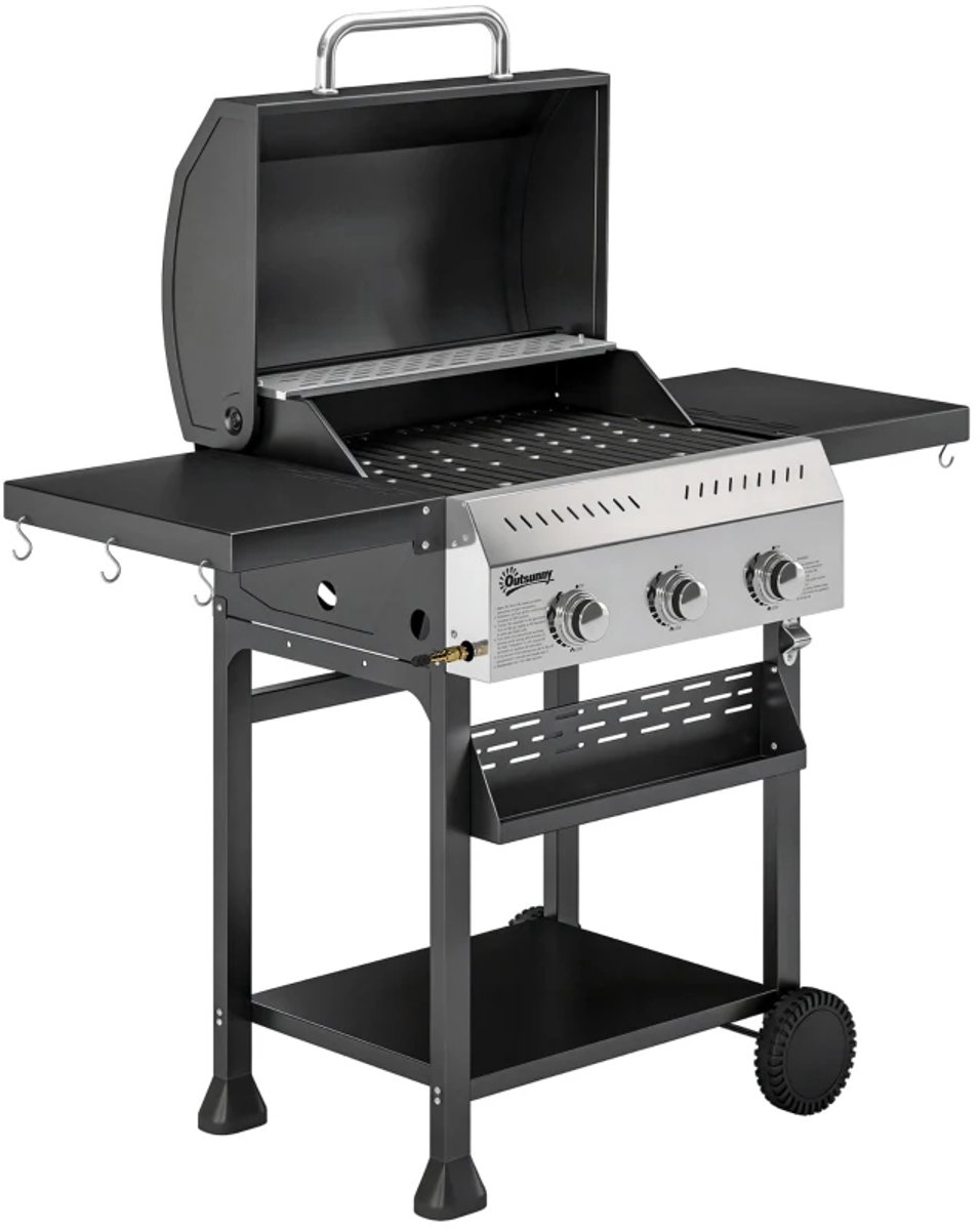 Gasbarbecue - Gasbarbecue en grill - 3 Branders - 9 kW - Grillwagen - Barbecuewagen - met Grillrooster, Wielen, Inklapbaar Bijzettafels, Thermometer, Onderste Plank, 6 Haken en Warmhoudplaten - 123 x 57 x 102 cm - Zwart