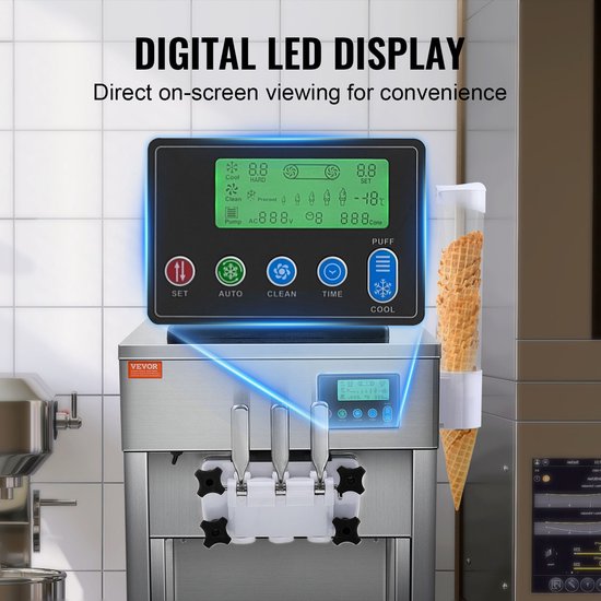 VEVOR Commerciële Ijsmachine, 1800 W, 3 Smaken, Softijsmachine Aanrecht, 2 x 4 Liter Trechter, 2 x 1.8 Liter Cilinder, LCD-scherm, Automatische Reiniging, Voorkoeling van Merkloos — afbeelding 3