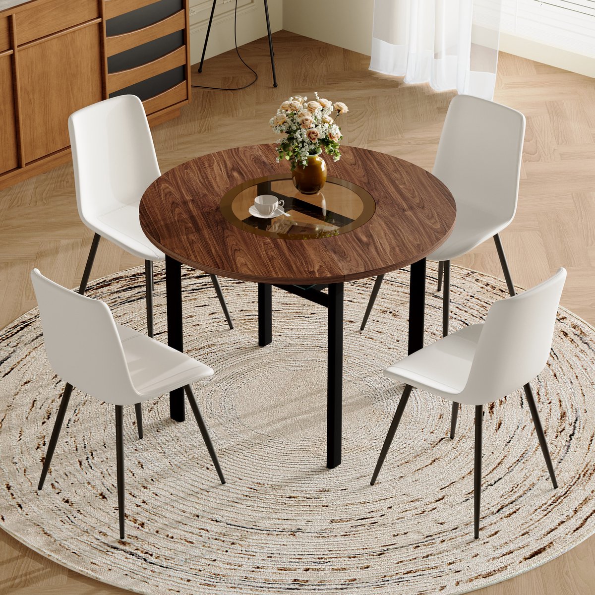 MIVRAY Eethoek Set 100 Cm - Ronde Tafel Met 4 Stoelen En Opbergplank - Voor Eetkamer En Ke