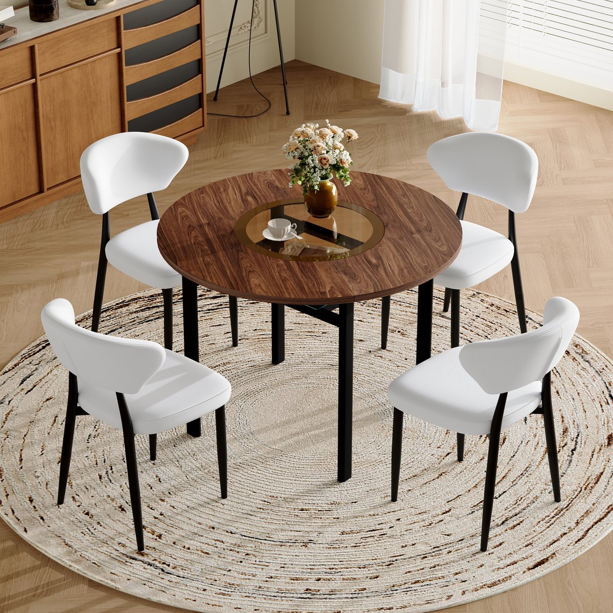 MIVRAY Eettafelset 100 cm - Ronde Tafel Met 4 Stoelen - Voor Eetkamer En Keuken - MDF Glas
