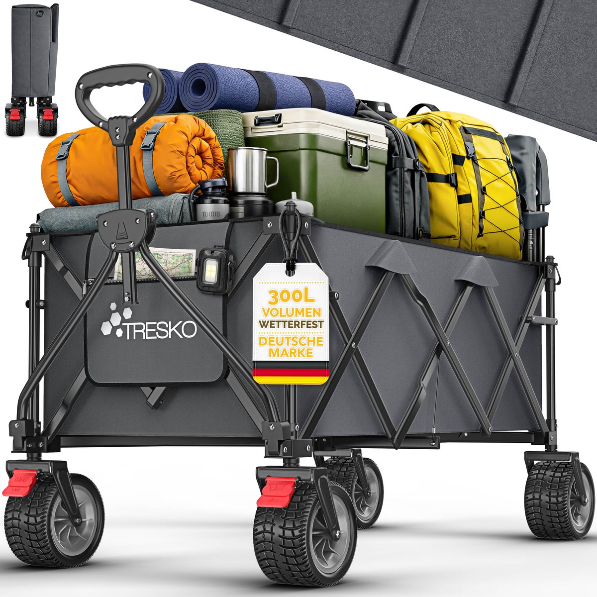 TRESKO® Bolderwagen opvouwbaar 300L met rem | Handwagen inklapbaar 150kg incl. massief rubberen banden | Opvouwbare strandwagen extra brede all-terrain wielen | Transportwagen met draagtas