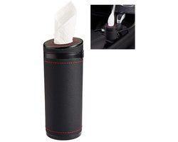 Tissuebox voor in de auto -Ronde tissuebox van leer -Tissuehouder voor in de auto - Cilindrische tissuebox - Tissuebox - Met tissuehouder en tissuebreker - 6,9*6,9*17,5 cm - Geschikt voor auto's, badkamers en kantoren - Zwart