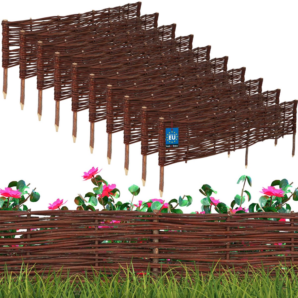 KOTARBAU® 10 st Bloembedrand, Wilgenhouten Hek, Beeteinfassing, 120 x 20 cm, Bruin, Tuinafscheiding, Houten Tuinhek, Schapenhek