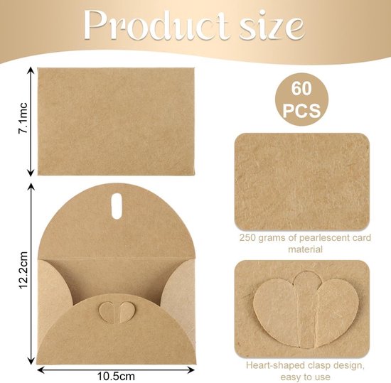 Productspecificaties en afmetingen van de bruine enveloppen van 10,5 bij 12,2 cm, 60 stuks.