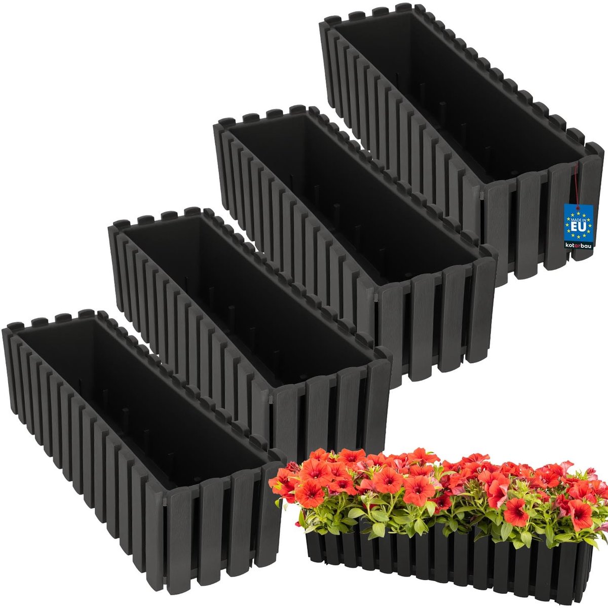 KOTARBAU® 4 st Balkonbak, Bloembak voor Balkon, Kunststof Balkonbak, 58 x 18 x 16 cm, Grijs, Balkon Plantenbak, Rechthoekig, Weerbestendige Plantenbak