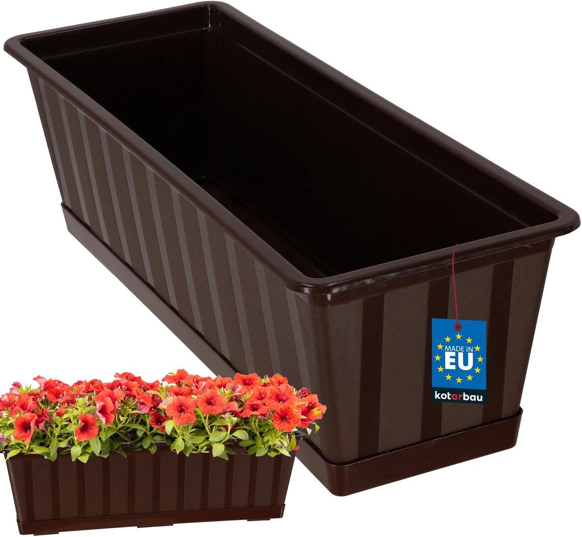 KOTARBAU® Balkonbak, Bloembak voor Balkon, Kunststof, 50 x 18 x 14 cm, Plantenbak, Bruin, Plantenbak Balkon, met Schotel, Rechthoekig