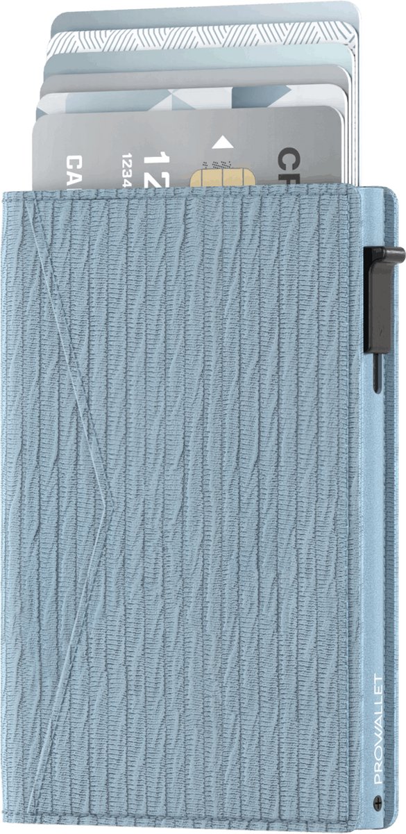 Prowallet Slim - Ripple Blauw - Pasjeshouder voor 8 pasjes en briefgeld - Uitschuifbaar - RFID Creditcardhouder - Kaarthouder Portemonnee, Premium Pashouder voor Mannen & Vrouwen - Aluminium, Kunstleer - Incl. Luxe Cadeaubox