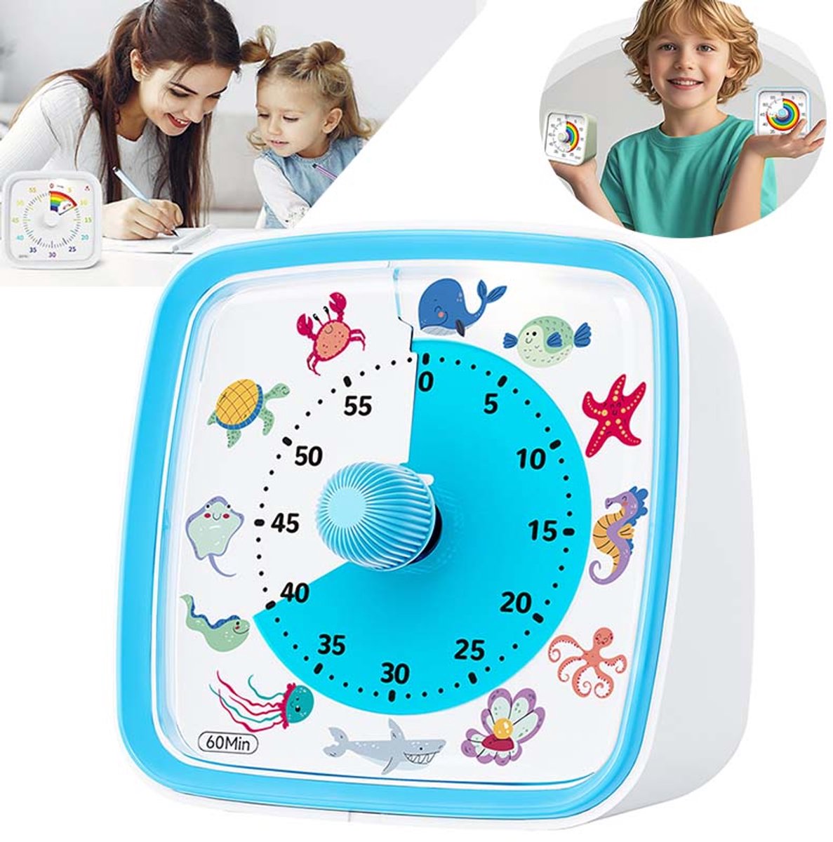 60 Minuten Afteltimer – Visuele Timer Voor Kinderen – Met Pauzefunctie – Voor Bureau, Klaslokaal, Kantoor & Keuken – Blauw (oceaanthema)
